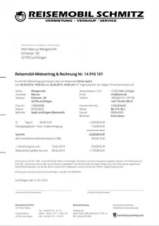 Motorhome Schmitz rental agreement